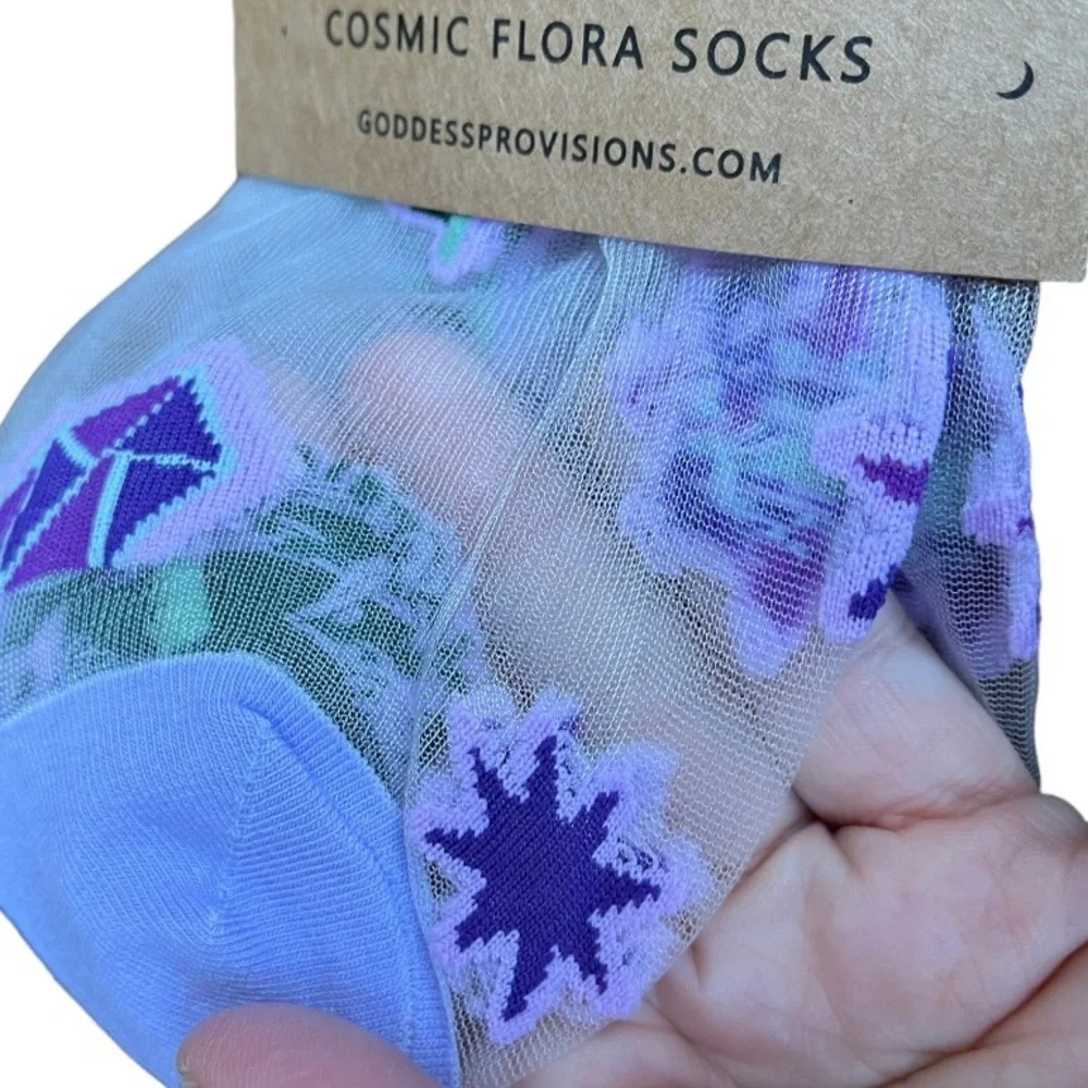 Goddess Provisions Embroidered Sheer Mesh Ankle Socks in Purple Cosmic Flora